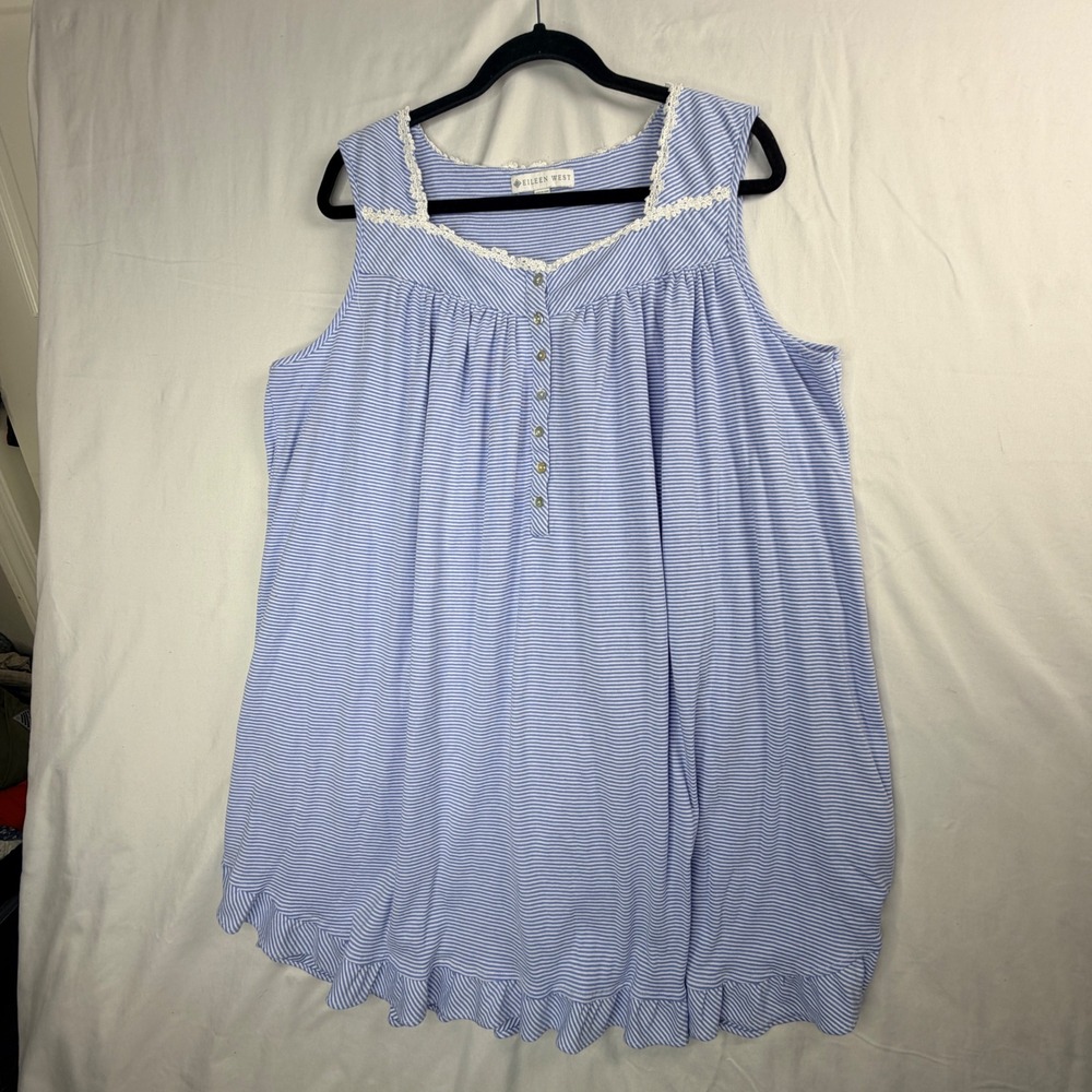 Eileen West Blue White Striped Sleeveless Nightgown Lace Trim Ruffle Hem XL